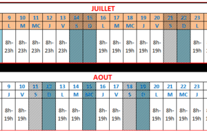 les horaires d’ouverture et de fermetures des complexes pendant la période estivale :